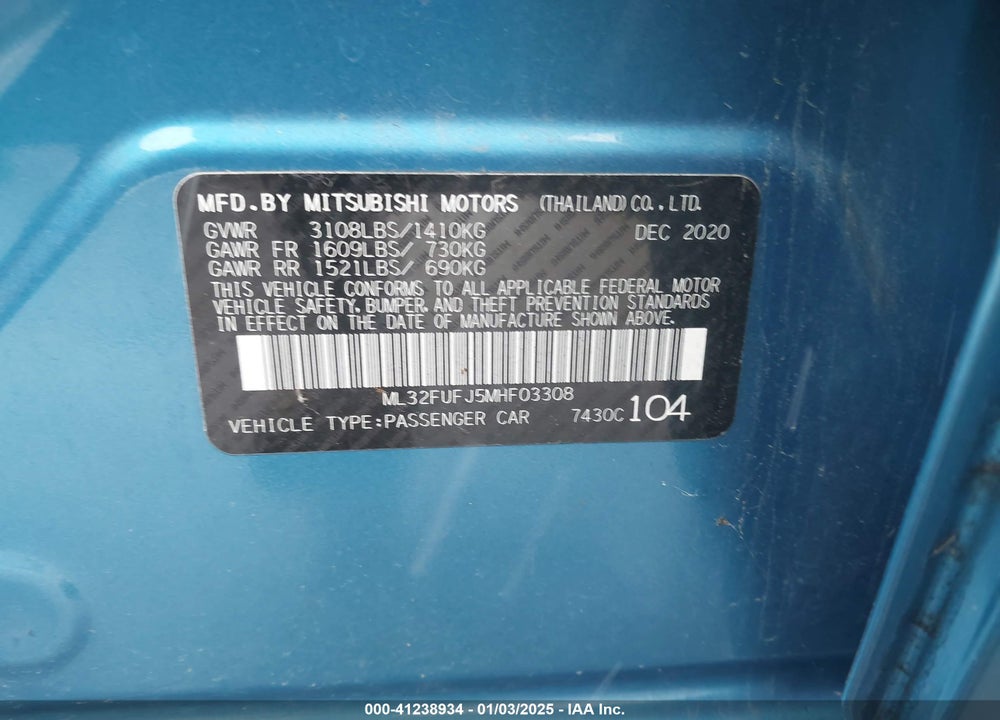 2021 MITSUBISHI MIRAGE G4 VIN: ML32FUFJ5MHF03308