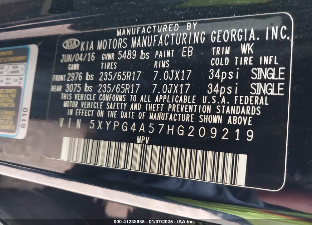 2017 KIA SORENTO 3.3L LX VIN: 5XYPG4A57HG209219