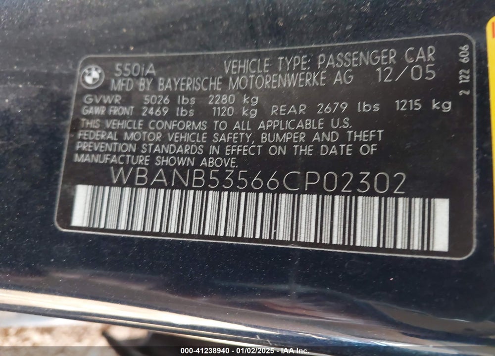 2006 BMW 550I VIN: WBANB53566CP02302