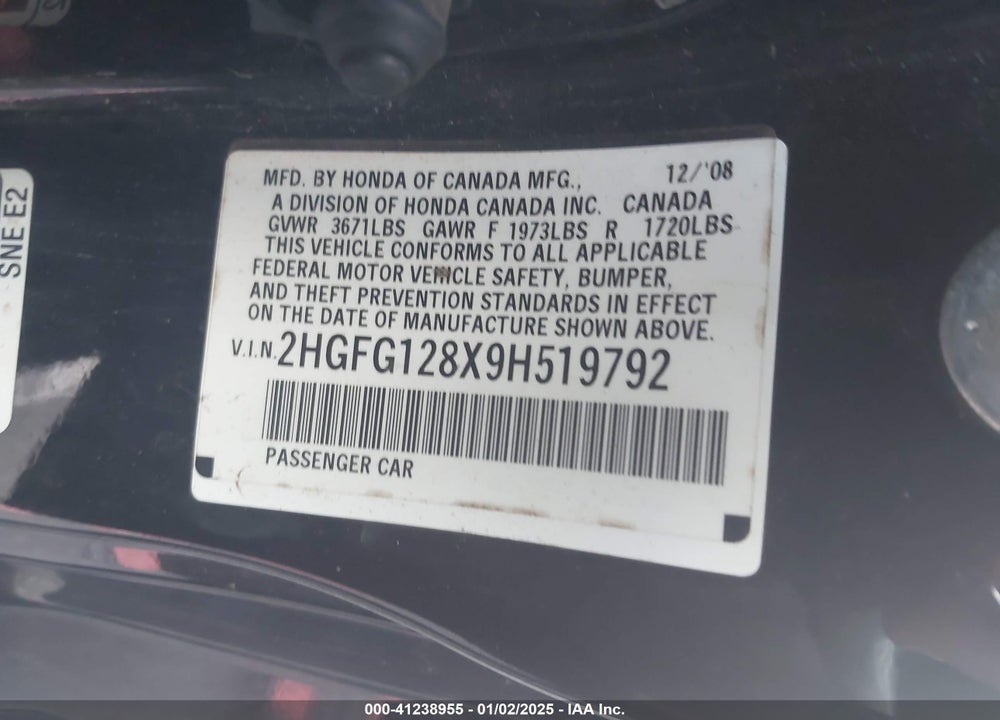 2009 HONDA CIVIC EX VIN: 2HGFG128X9H519792