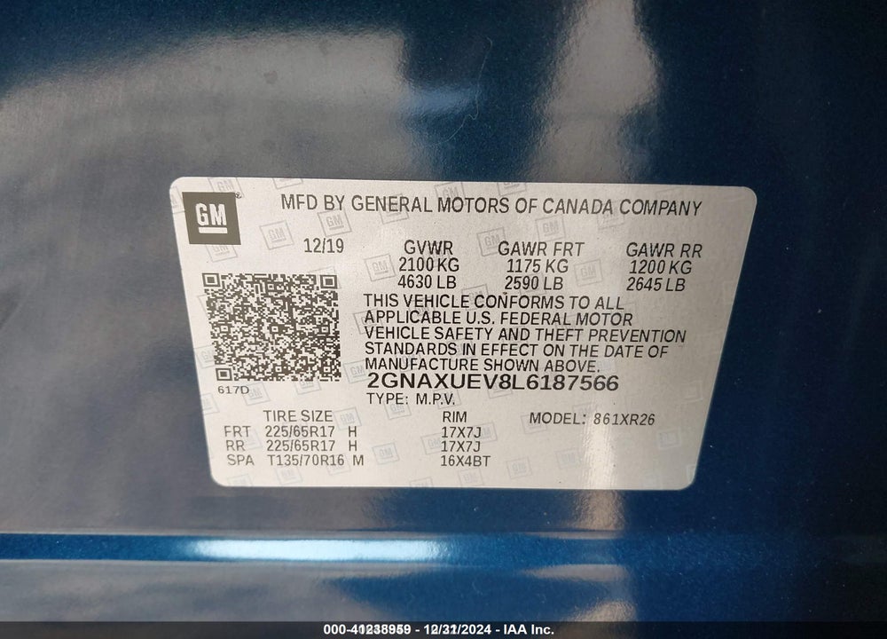 2020 CHEVROLET EQUINOX AWD LT 1.5L TURBO VIN: 2GNAXUEV8L6187566