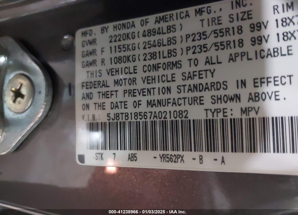 2007 ACURA RDX VIN: 5J8TB18567A021082