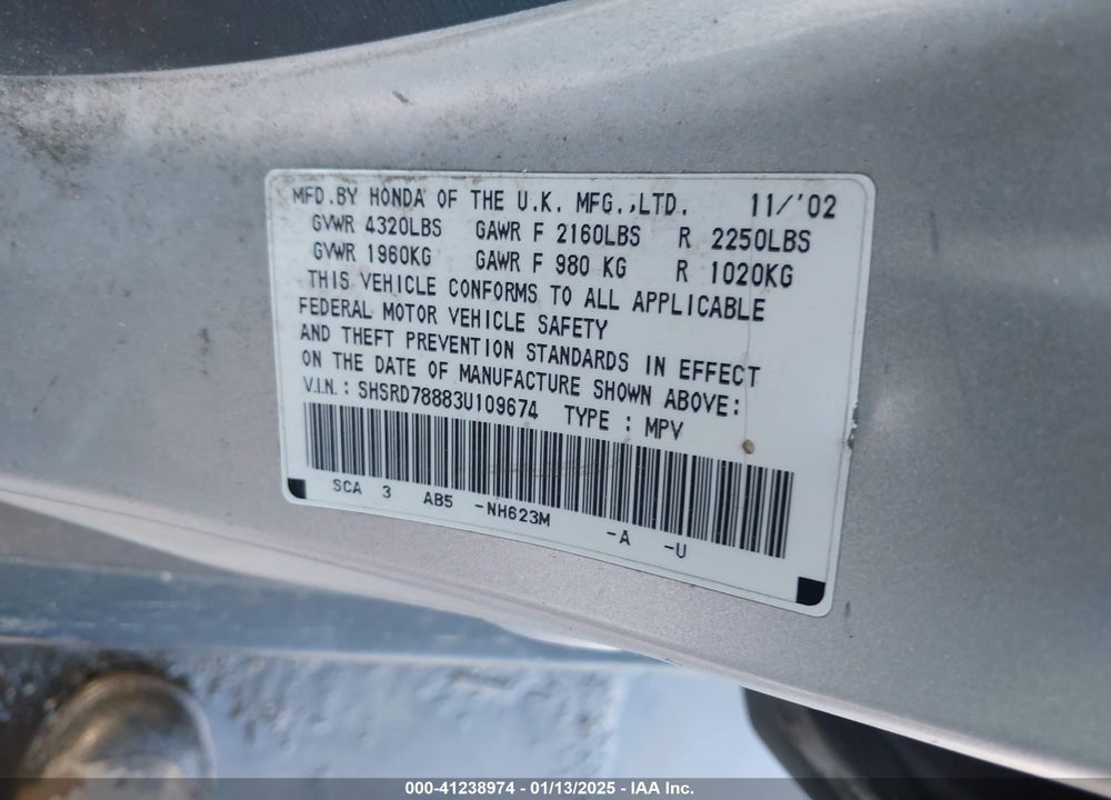 2003 HONDA CR-V EX VIN: SHSRD78883U109674