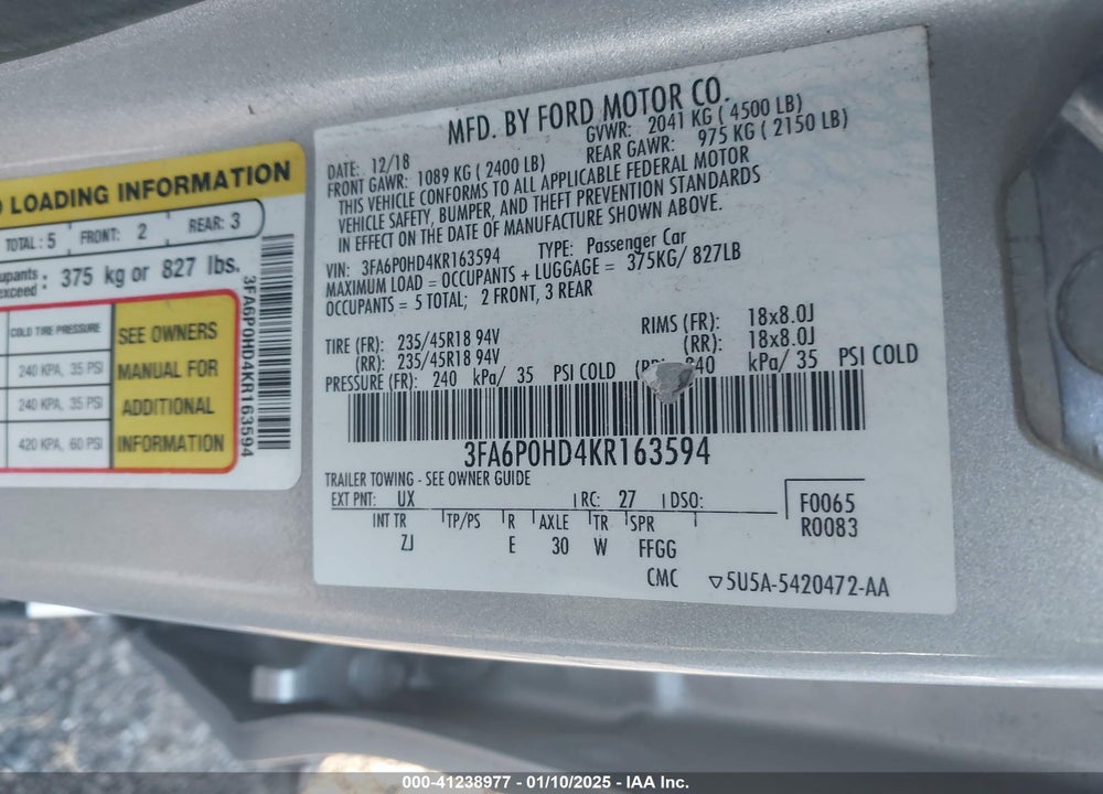 2019 FORD FUSION VIN: 3FA6P0HD4KR163594