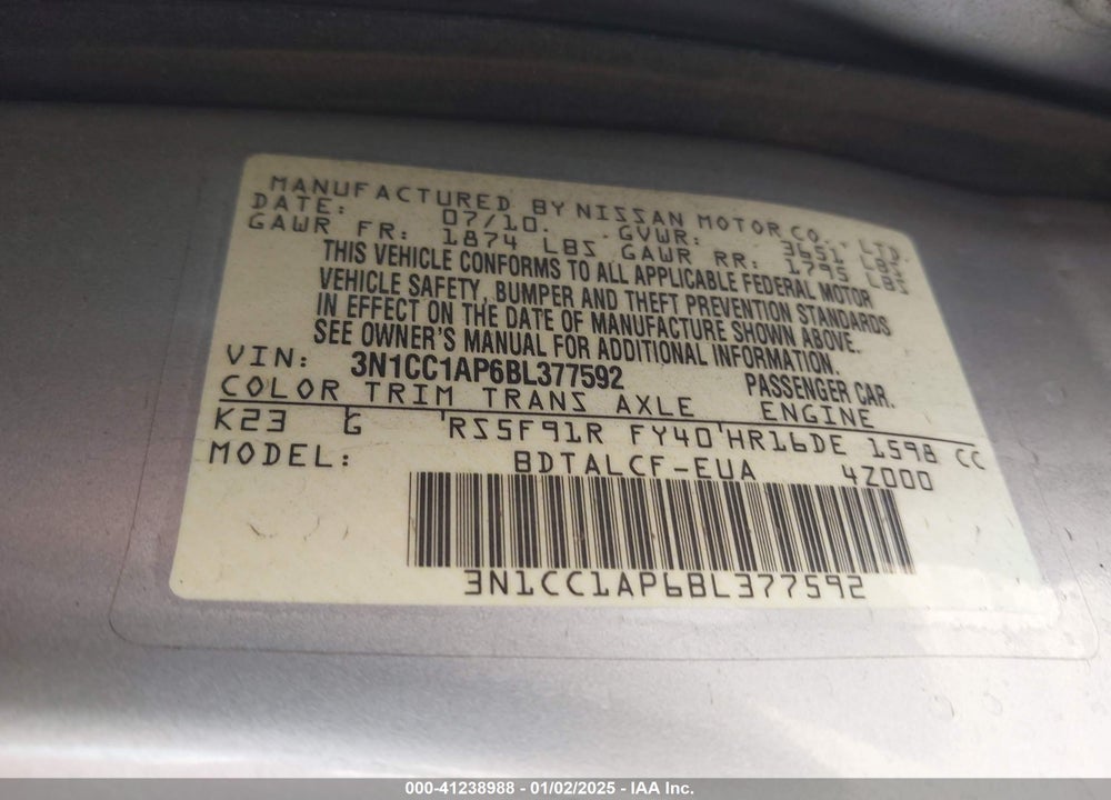 2011 NISSAN VERSA 1.6 VIN: 3N1CC1AP6BL377592