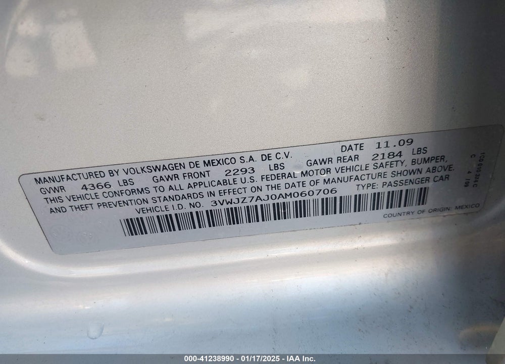 2010 VOLKSWAGEN JETTA VIN: 3VWJZ7AJ0AM060706