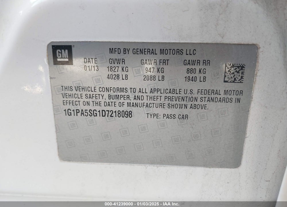 2013 CHEVROLET CRUZE VIN: 1G1PA5SG1D7218098