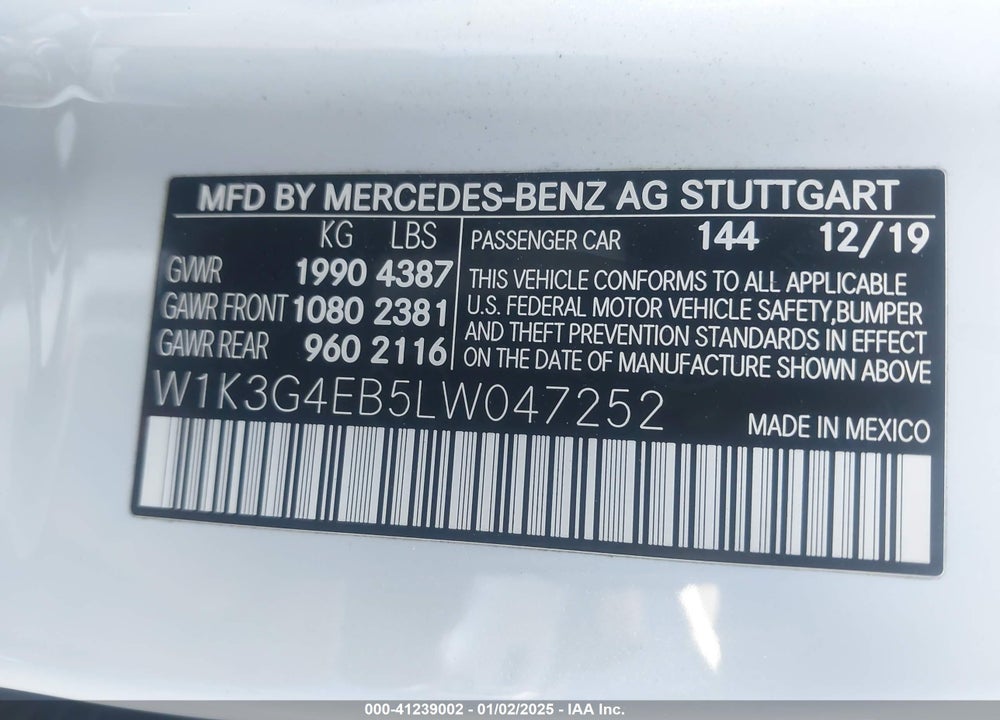 2020 MERCEDES-BENZ A 220 VIN: W1K3G4EB5LW047252