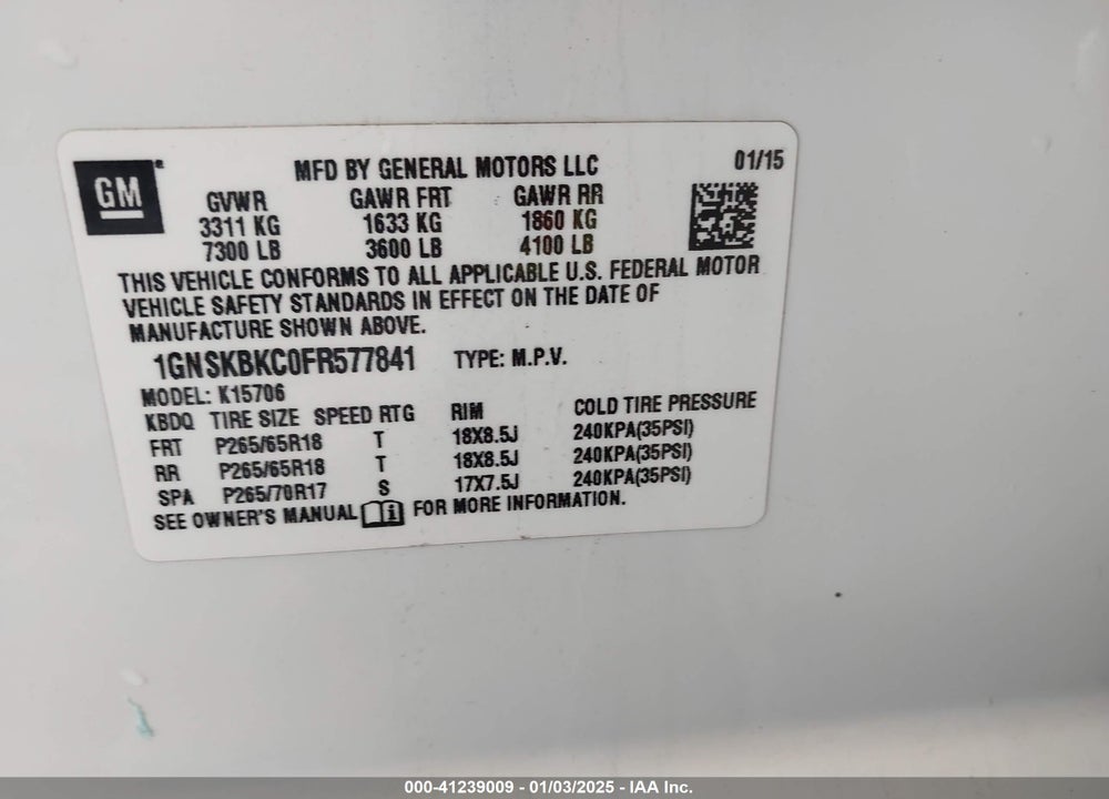 2015 CHEVROLET TAHOE LT VIN: 1GNSKBKC0FR577841