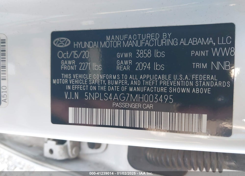 2021 HYUNDAI ELANTRA VIN: 5NPLS4AG7MH003495