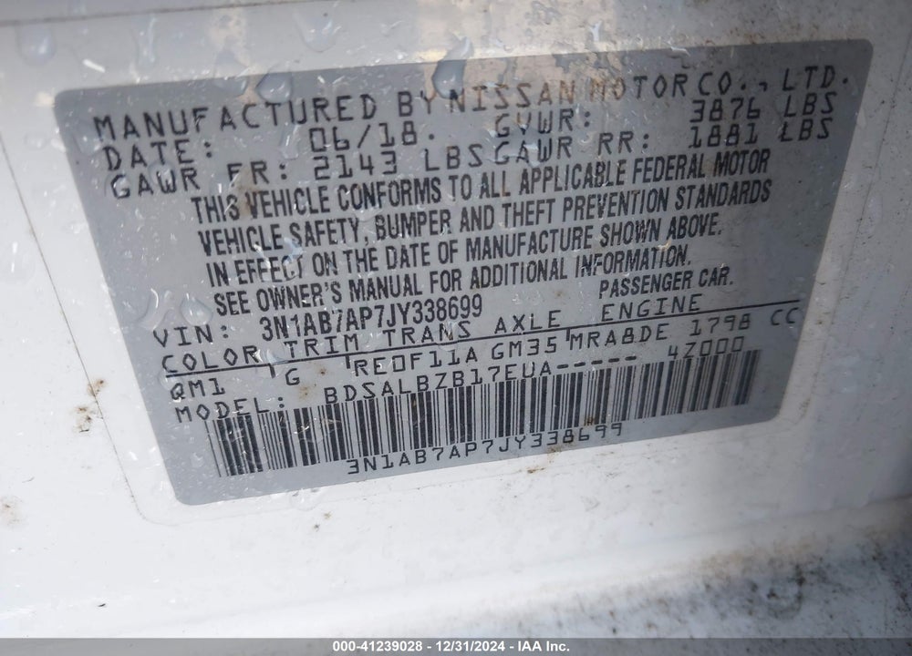2018 NISSAN SENTRA VIN: 3N1AB7AP7JY338699