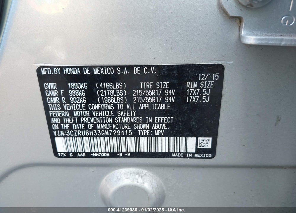 2016 HONDA HR-V LX VIN: 3CZRU6H33GM729415