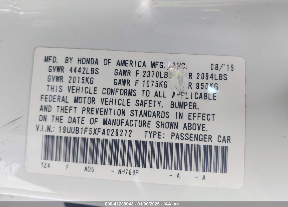 2015 ACURA TLX VIN: 19UUB1F5XFA029272