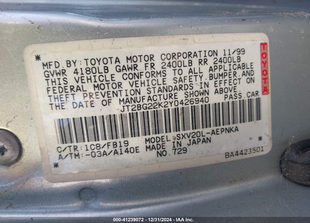 2000 TOYOTA CAMRY LE VIN: JT2BG22K2Y0426940