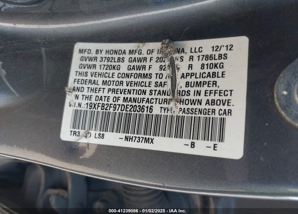 2013 HONDA CIVIC EX-L VIN: 19XFB2F97DE203616
