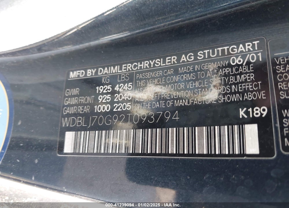 2002 MERCEDES-BENZ CLK 430 VIN: WDBLJ70G92T093794