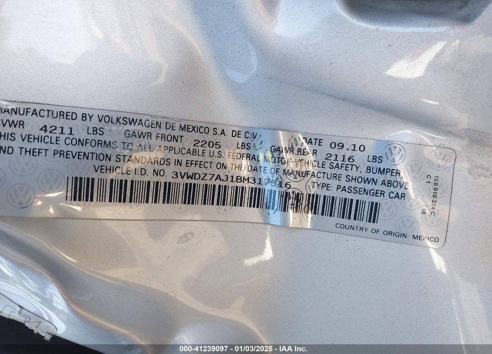 2011 VOLKSWAGEN JETTA VIN: 3VWDZ7AJ1BM317516