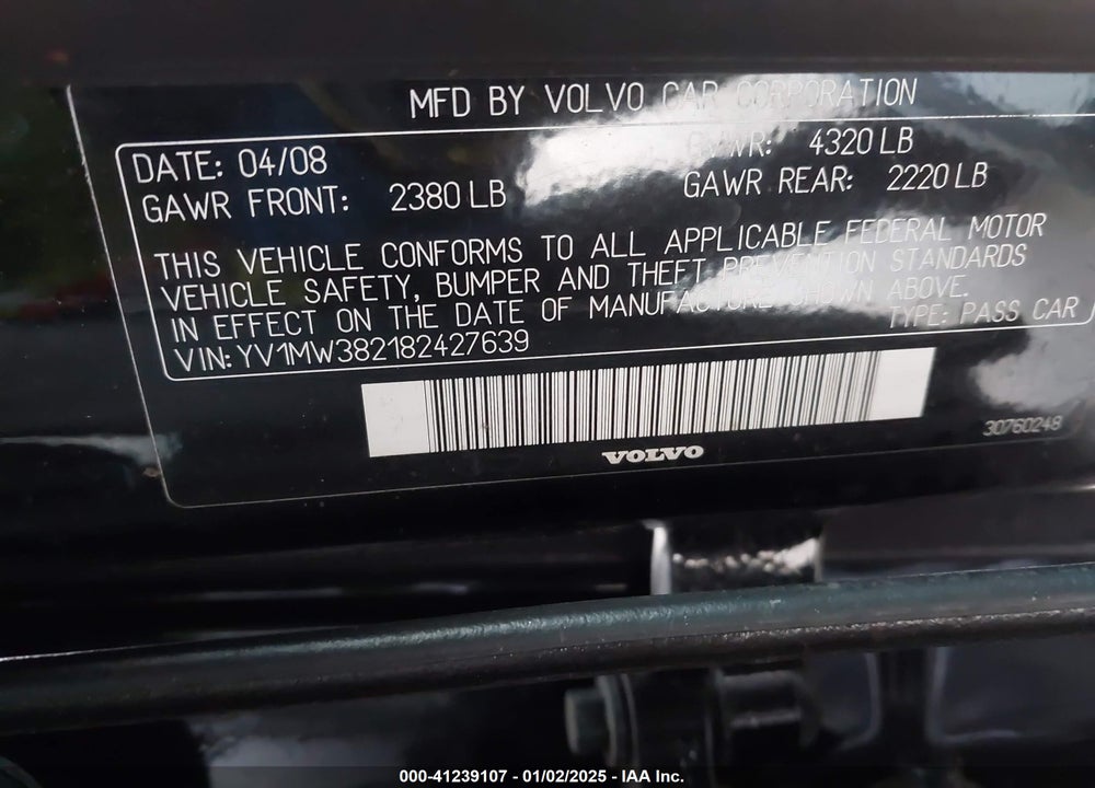 2008 VOLVO V50 2.4I VIN: YV1MW382182427639