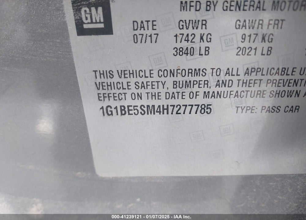 2017 CHEVROLET CRUZE VIN: 1G1BE5SM4H7277785