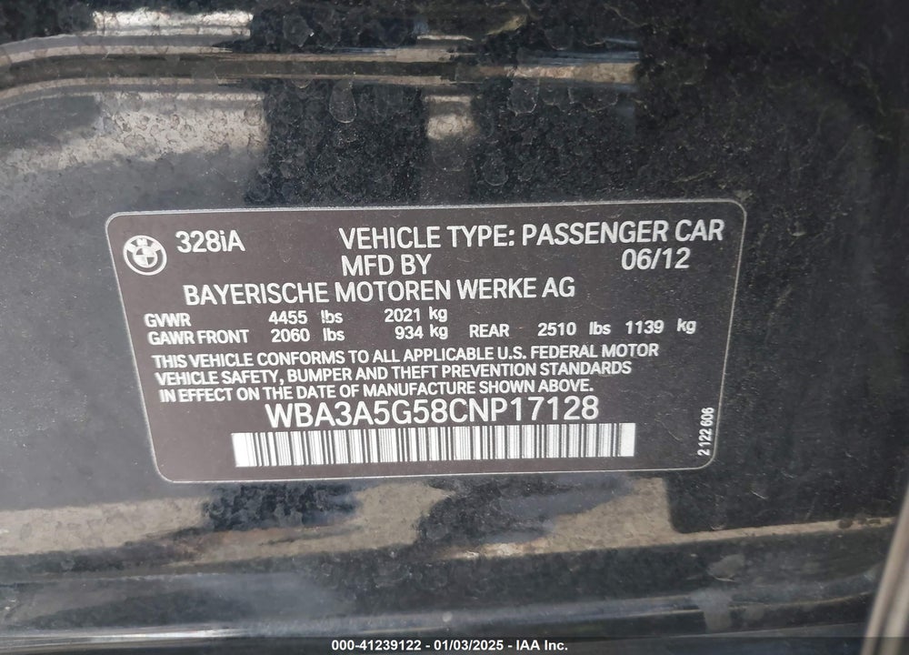 2012 BMW 3 SERIES VIN: WBA3A5G58CNP17128
