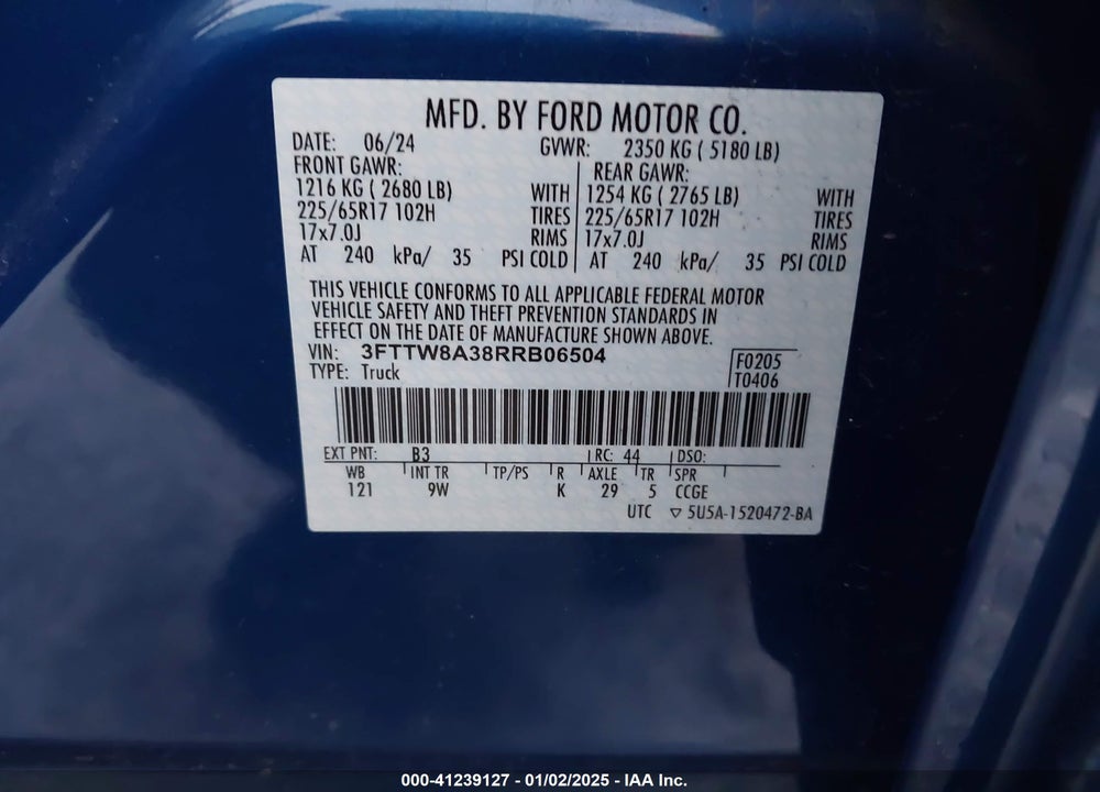 2024 FORD MAVERICK VIN: 3FTTW8A38RRB06504