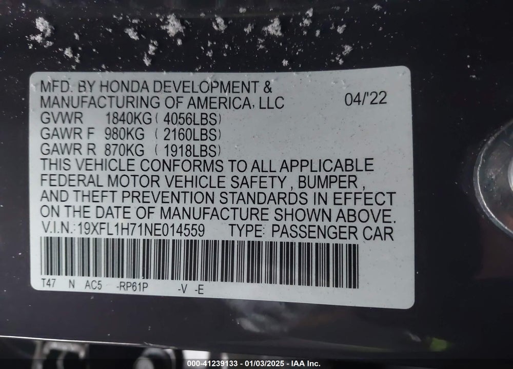2022 HONDA CIVIC VIN: 19XFL1H71NE014559