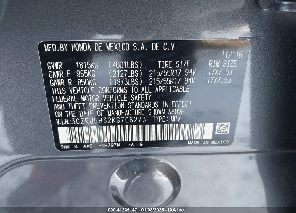 2019 HONDA HR-V VIN: 3CZRU5H32KG706273