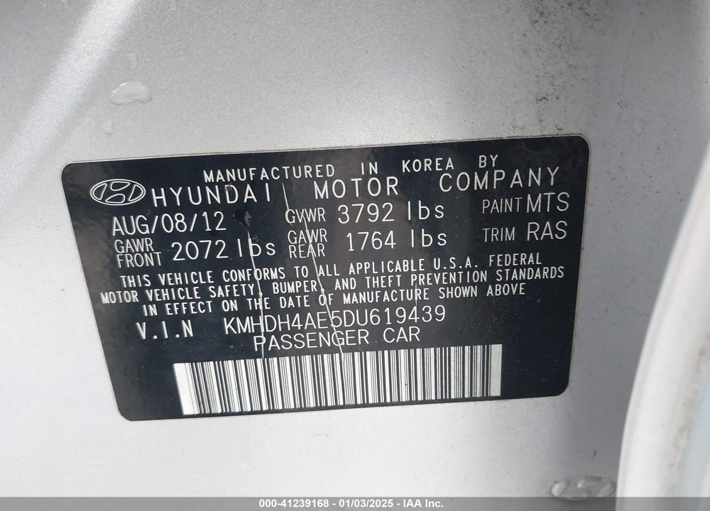 2013 HYUNDAI ELANTRA VIN: KMHDH4AE5DU619439