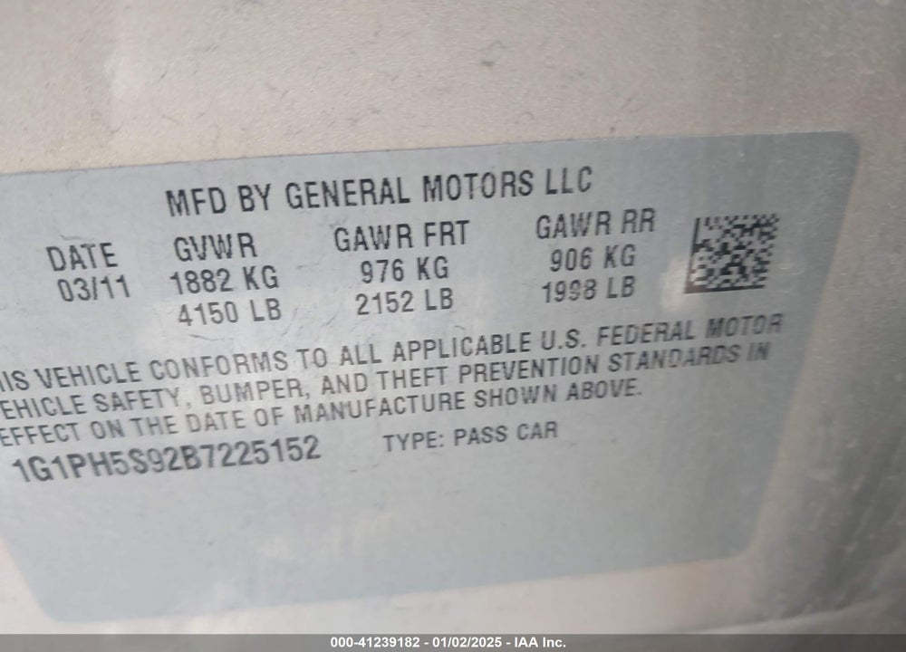 2011 CHEVROLET CRUZE VIN: 1G1PH5S92B7225152
