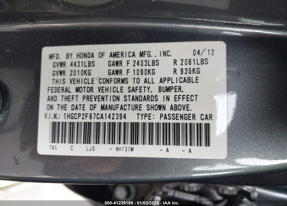 2012 HONDA ACCORD VIN: 1HGCP2F87CA142394