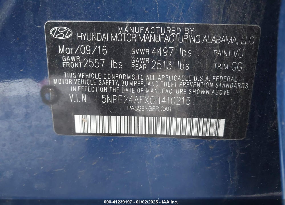 2016 HYUNDAI SONATA SE VIN: 5NPE24AFXGH410215