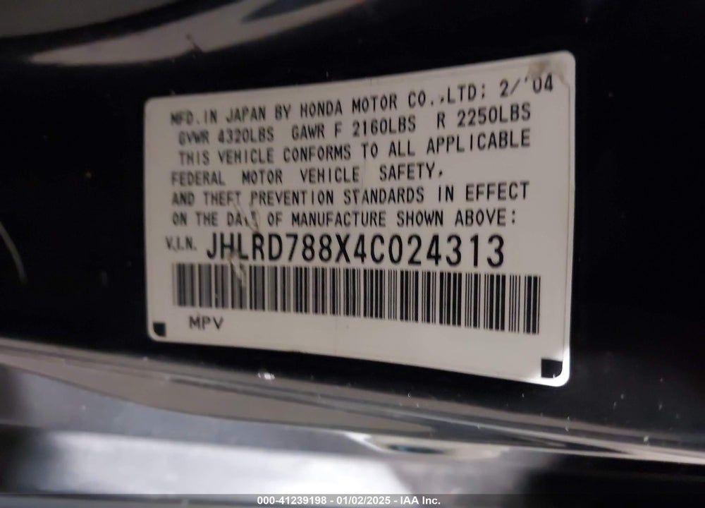 2004 HONDA CR-V EX VIN: JHLRD788X4C024313