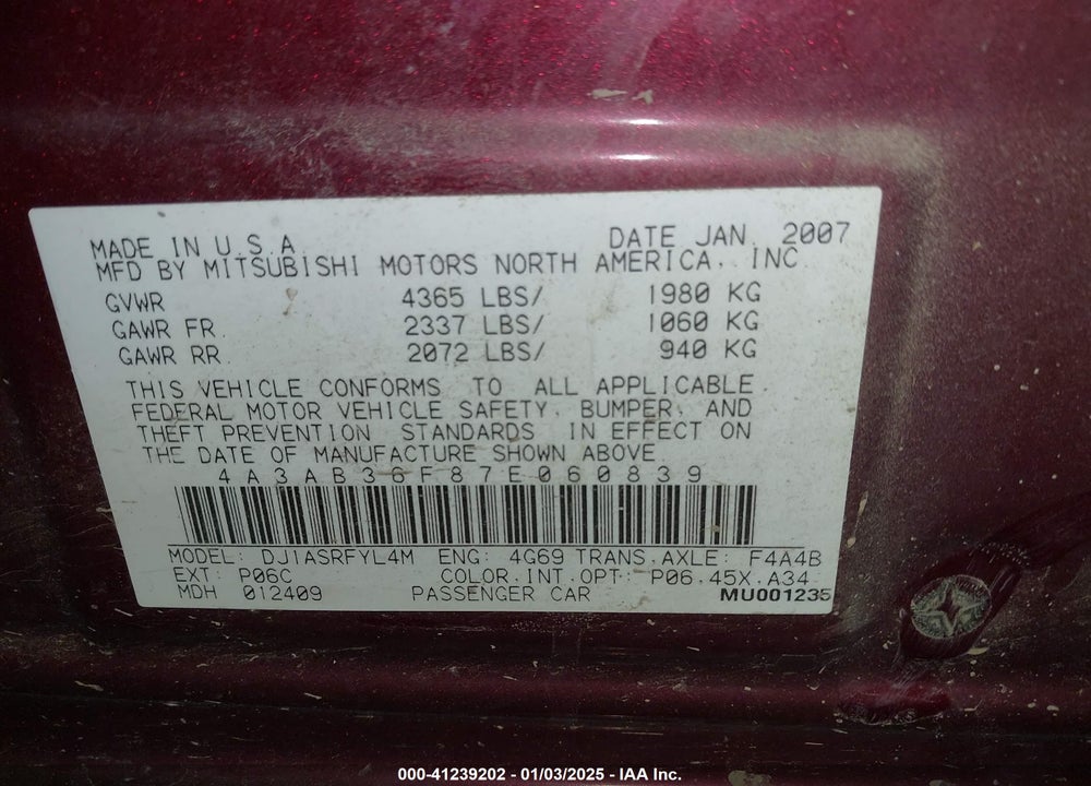 2007 MITSUBISHI GALANT ES/SE VIN: 4A3AB36F87E060839