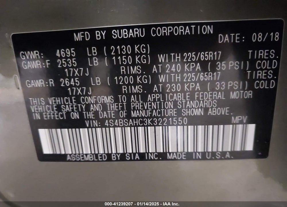 2019 SUBARU OUTBACK 2.5I PREMIUM VIN: 4S4BSAHC3K3221550