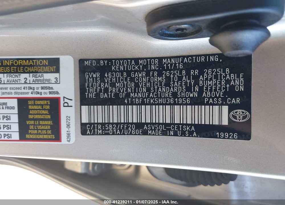 2017 TOYOTA CAMRY VIN: 4T1BF1FK5HU361956