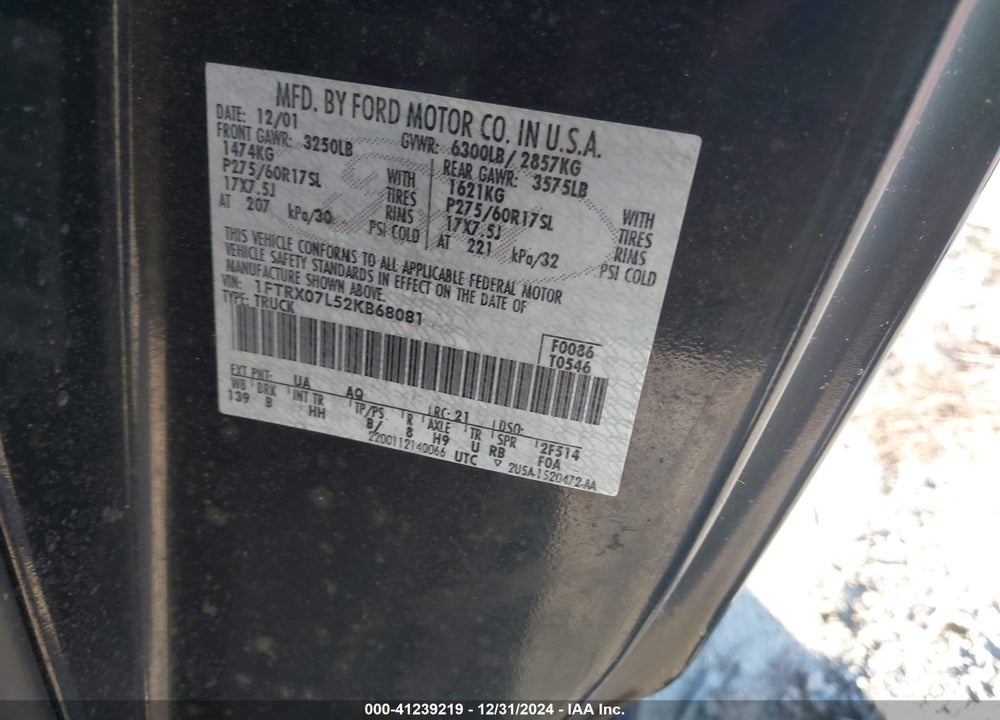 2002 FORD F-150 LARIAT/XL/XLT VIN: 1FTRX07L52KB68081