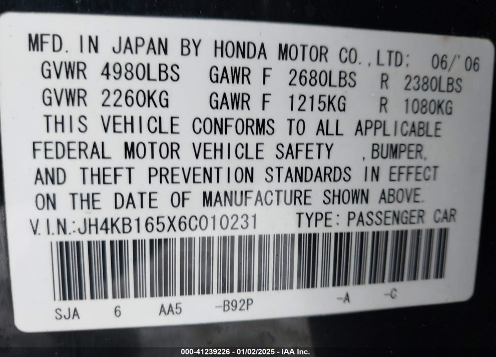 2006 ACURA RL 3.5 VIN: JH4KB165X6C010231