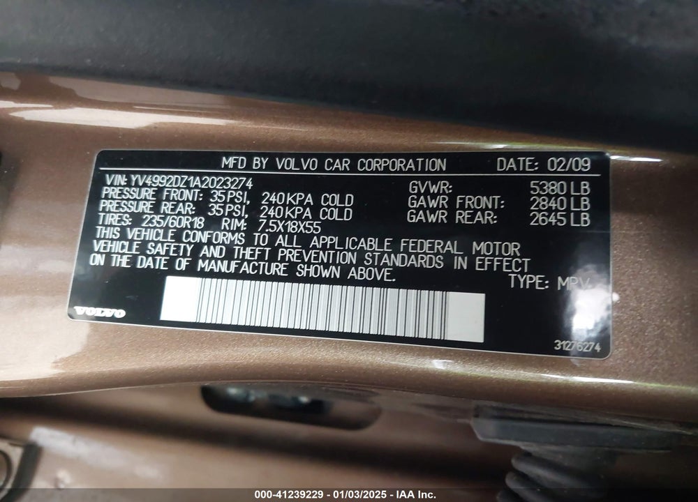 2010 VOLVO XC60 T6/T6 R-DESIGN VIN: YV4992DZ1A2023274