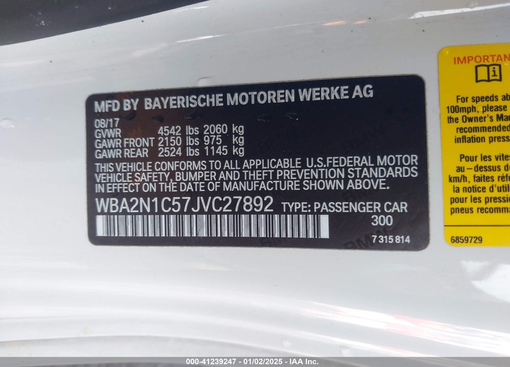 2018 BMW M240I VIN: WBA2N1C57JVC27892