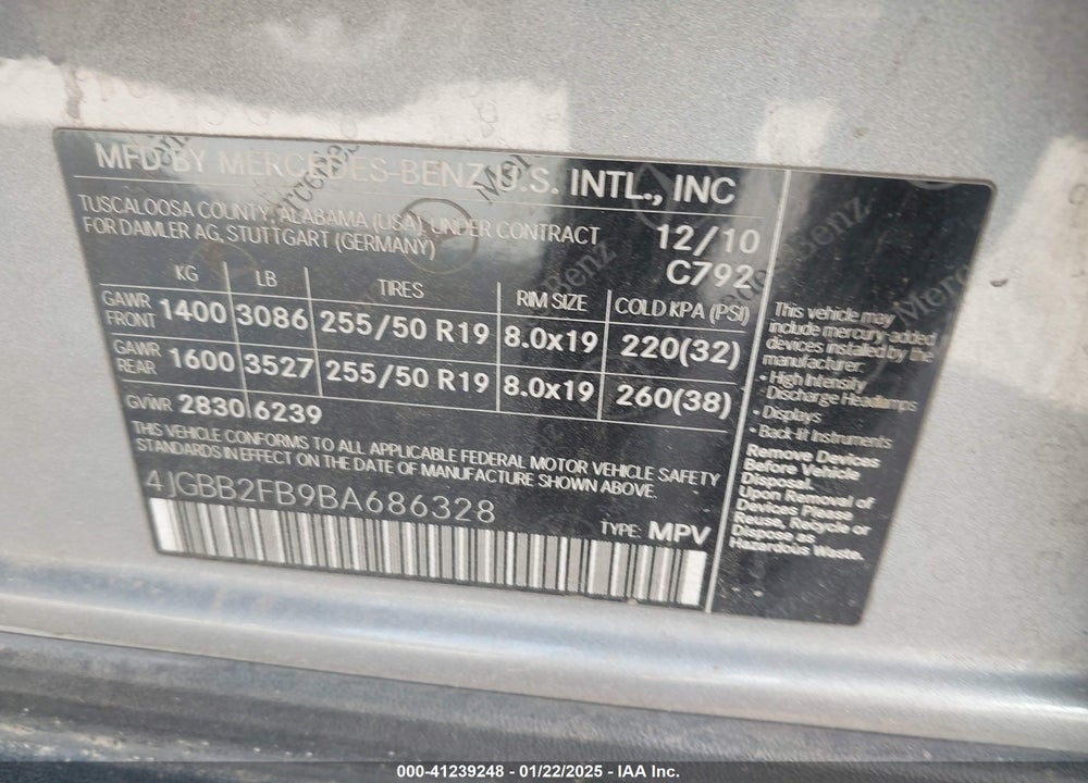 2011 MERCEDES-BENZ ML 350 BLUETEC 4MATIC VIN: 4JGBB2FB9BA686328