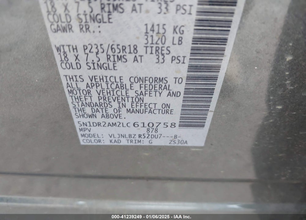 2020 NISSAN PATHFINDER S 4WD VIN: 5N1DR2AM2LC610758
