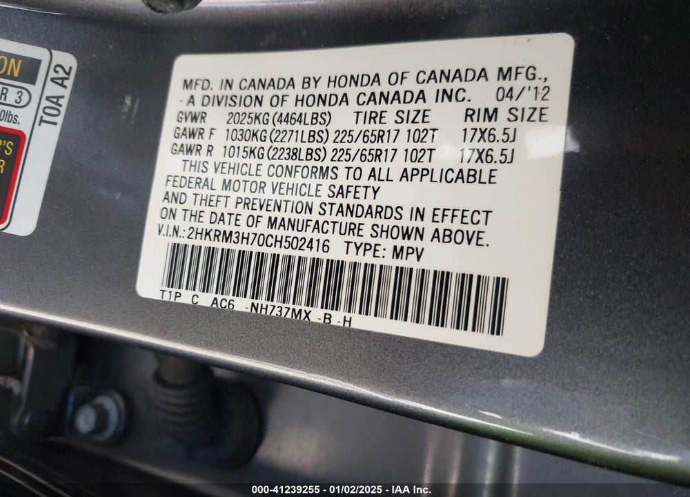 2012 HONDA CR-V EX-L VIN: 2HKRM3H70CH502416