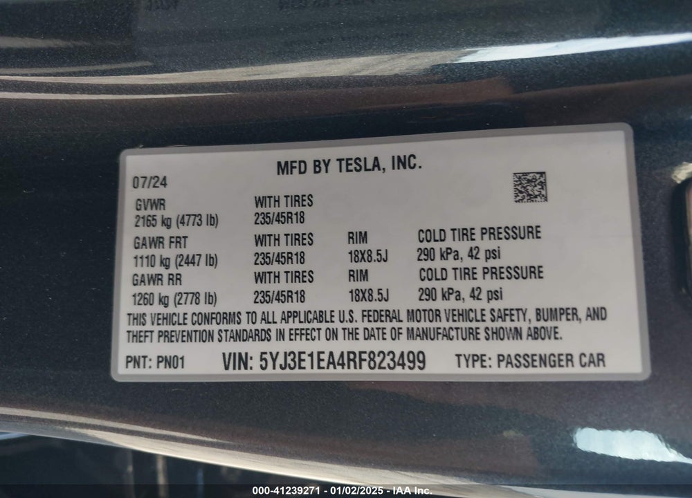 2024 TESLA MODEL 3 VIN: 5YJ3E1EA4RF823499
