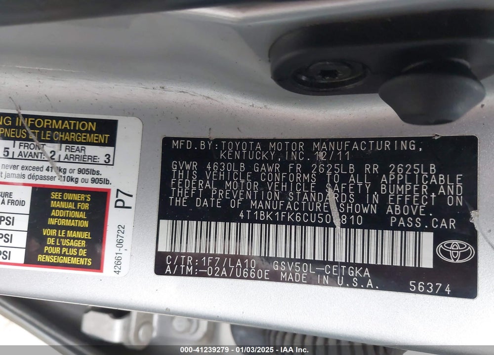 2012 TOYOTA CAMRY VIN: 4T1BK1FK6CU508810