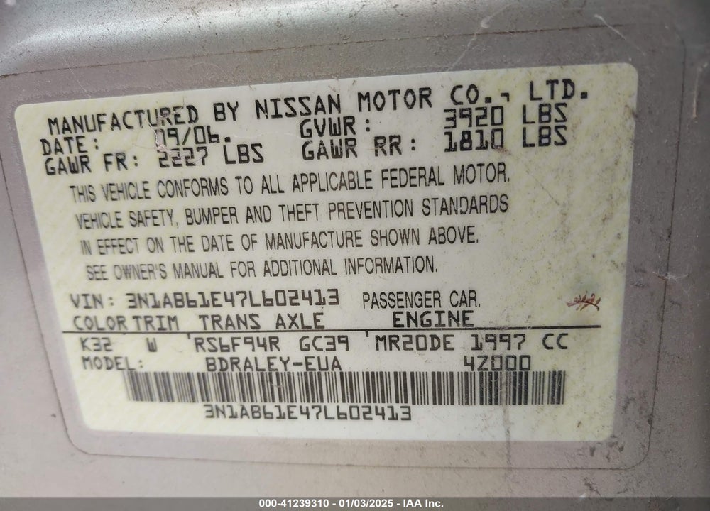 2007 NISSAN SENTRA 2.0S VIN: 3N1AB61E47L602413