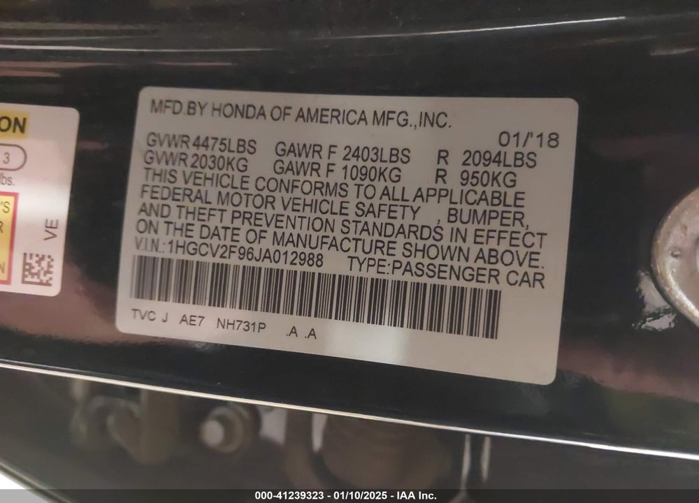 2018 HONDA ACCORD VIN: 1HGCV2F96JA012988