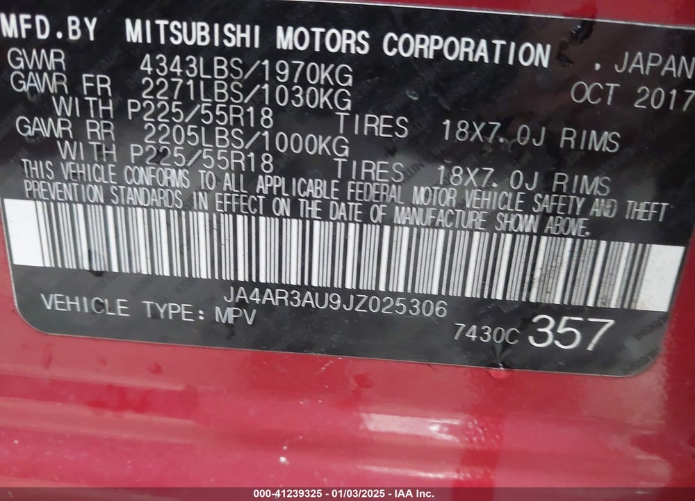 2018 MITSUBISHI OUTLANDER SPORT 2.0 ES VIN: JA4AR3AU9JZ025306