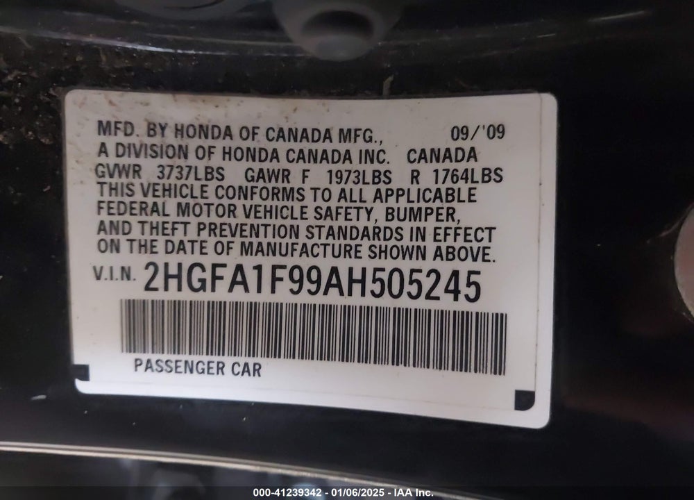 2010 HONDA CIVIC EX-L VIN: 2HGFA1F99AH505245
