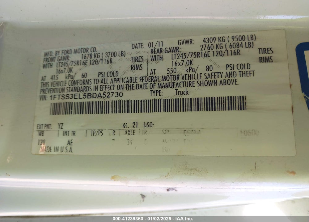 2011 FORD E-350 SUPER DUTY COMMERCIAL VIN: 1FTSS3EL5BDA52730