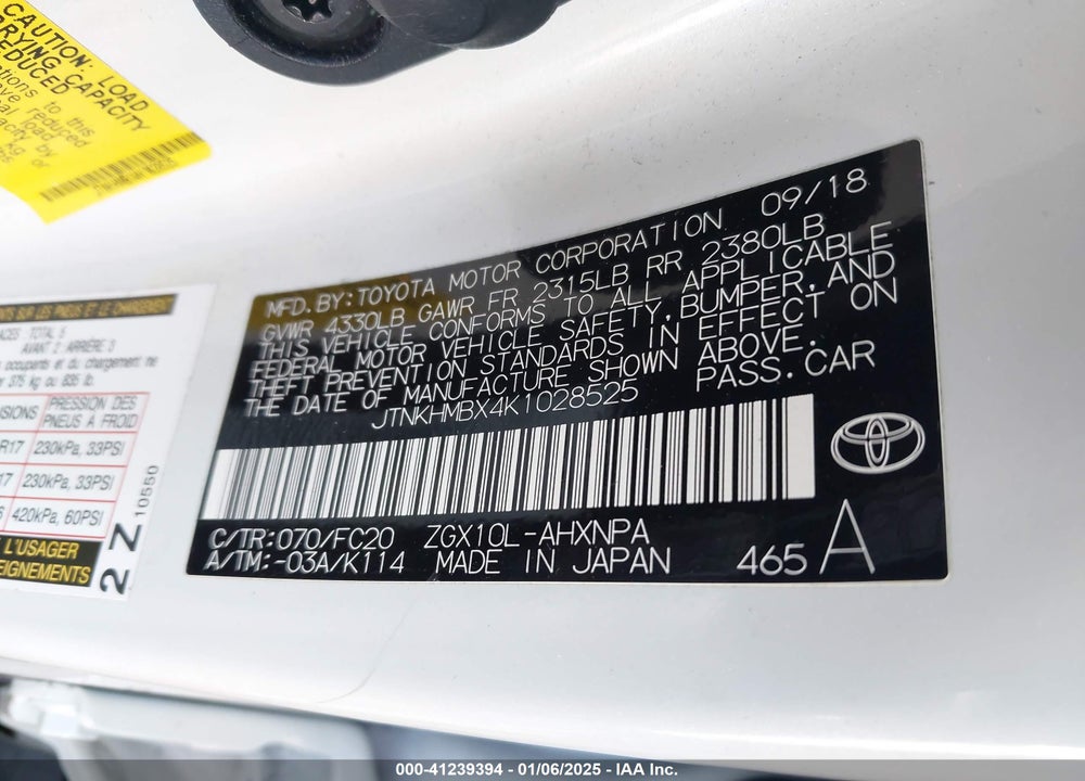 2019 TOYOTA C-HR VIN: JTNKHMBX4K1028525